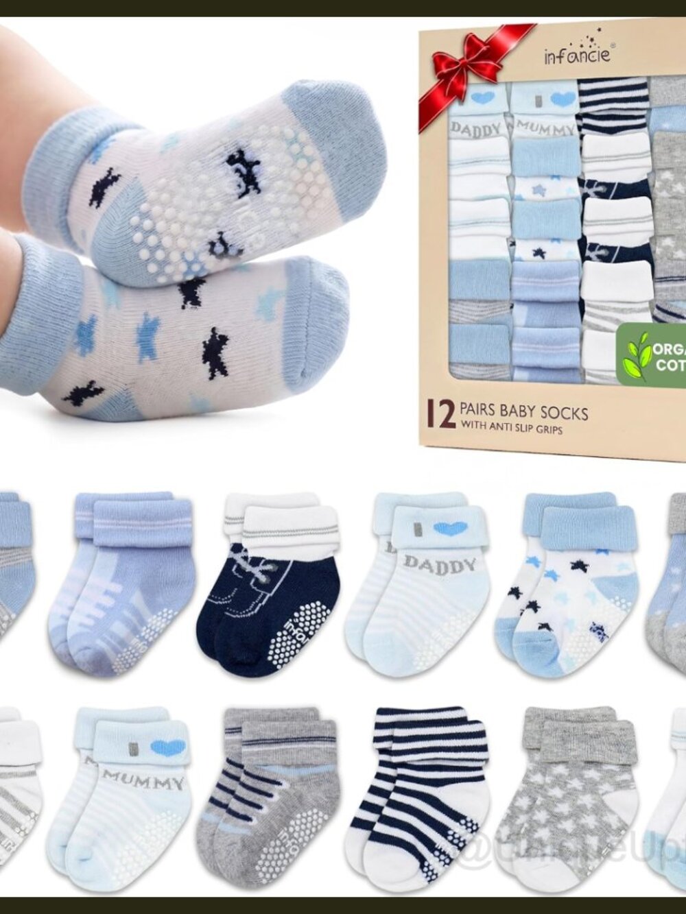 GOTS Organic Cotton Baby Socks 12 Pairs Non Slip Grip 0-6M Infant Crew